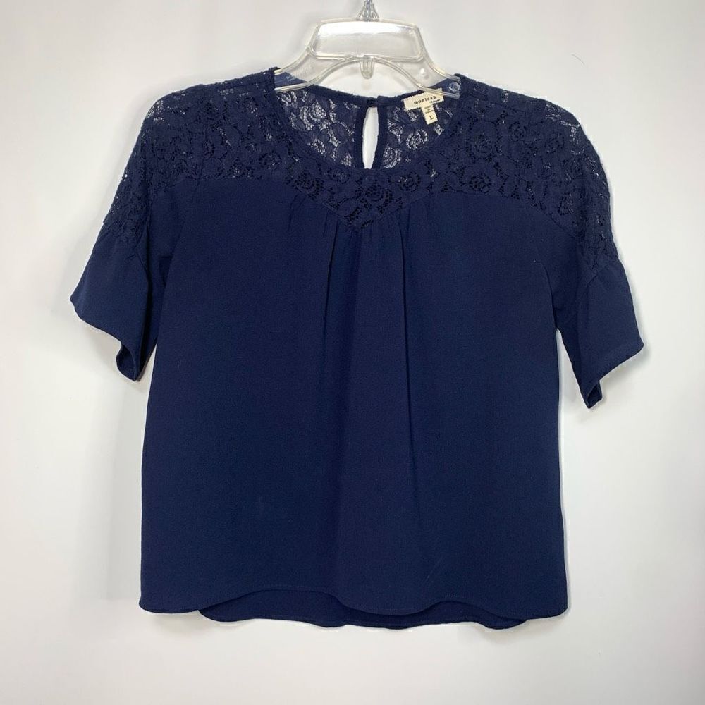 Monteau Women's Lace Shoulder Keyhole Short Sleeve Blouse Blue Size Small